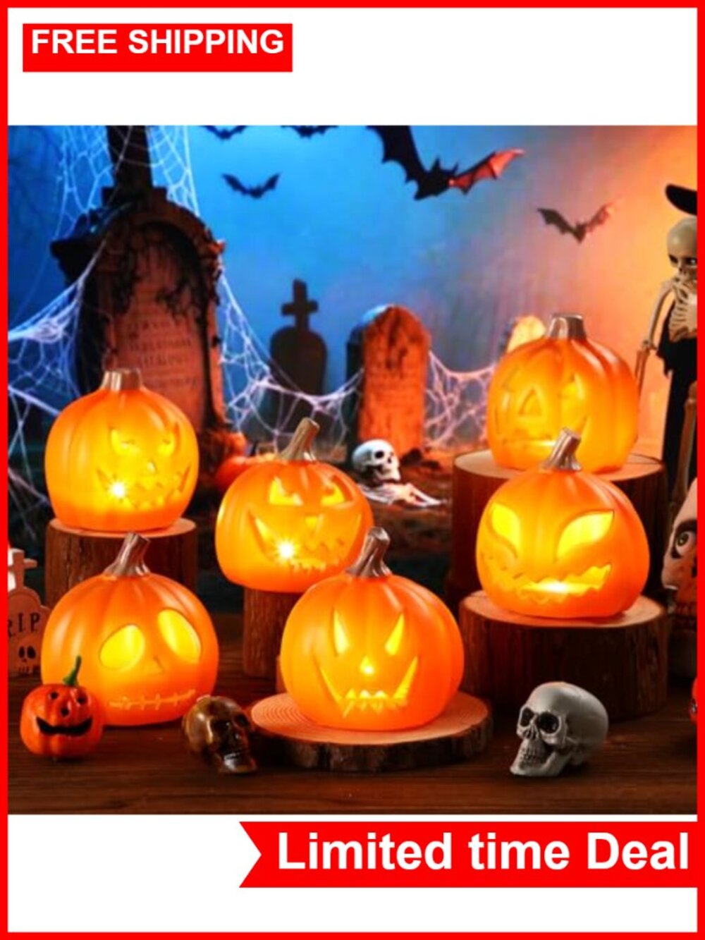 6 Pack Light Up Halloween Pumpkin Lanterns Glowing Plastic Jack O Lantern Decor